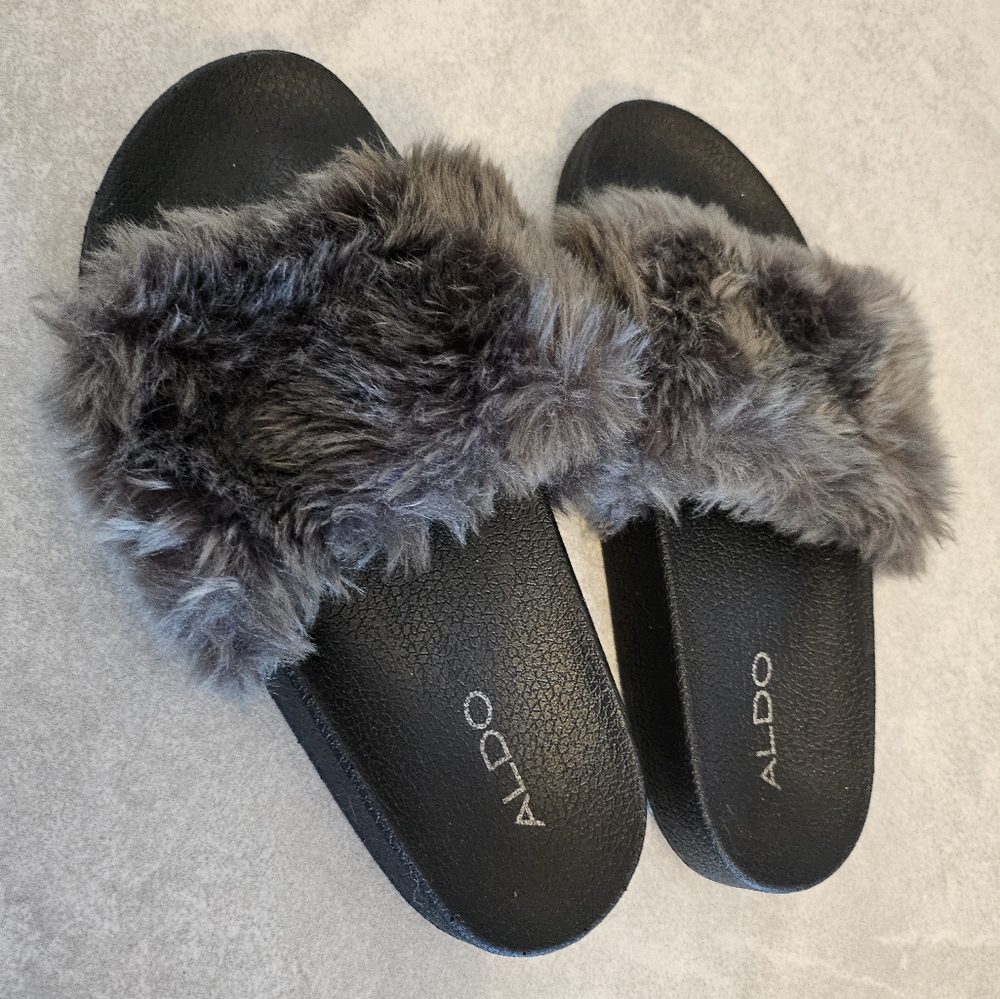EUC Aldo furry slides.